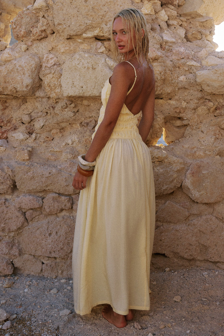 Adora Strappy Shirred Maxi Dress - Lemon