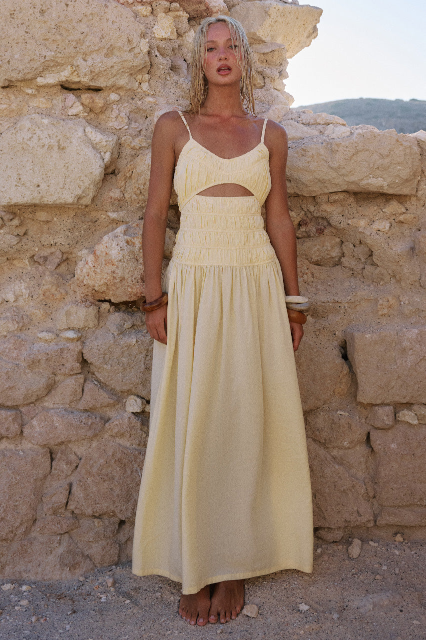 Adora Strappy Shirred Maxi Dress - Lemon