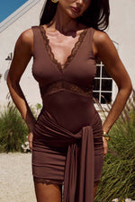 Load image into Gallery viewer, Sophia V Neck Lace Trim Mini Dress - Chocolate
