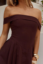 Load image into Gallery viewer, Bolta Off Shoulder Mini Dress - Chocolate
