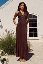 Load image into Gallery viewer, Saffi Halter Deep Plunge Maxi Dress - Chocolate
