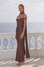Load image into Gallery viewer, Raphaella Off Shoulder Maxi Dress - Bitter Chocolate
