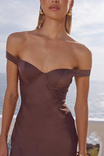 Load image into Gallery viewer, Raphaella Off Shoulder Maxi Dress - Bitter Chocolate
