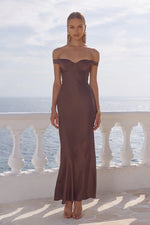 Load image into Gallery viewer, Raphaella Off Shoulder Maxi Dress - Bitter Chocolate
