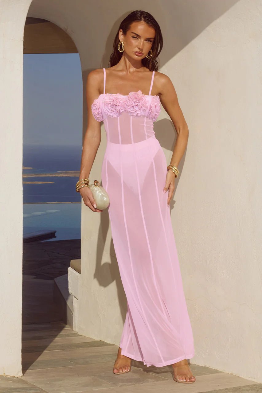 Demi Sheer Flower Trim Dress - Musk