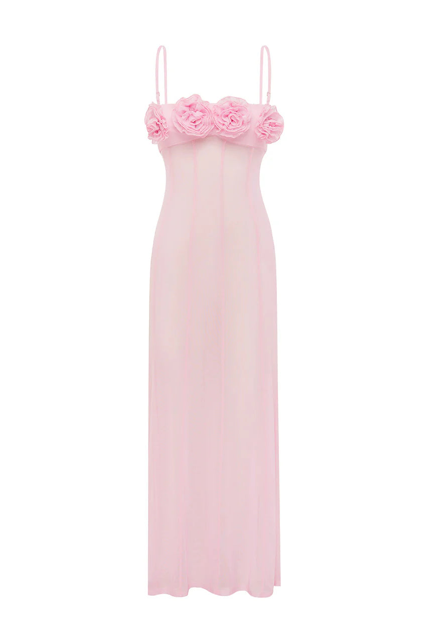 Demi Sheer Flower Trim Dress - Musk
