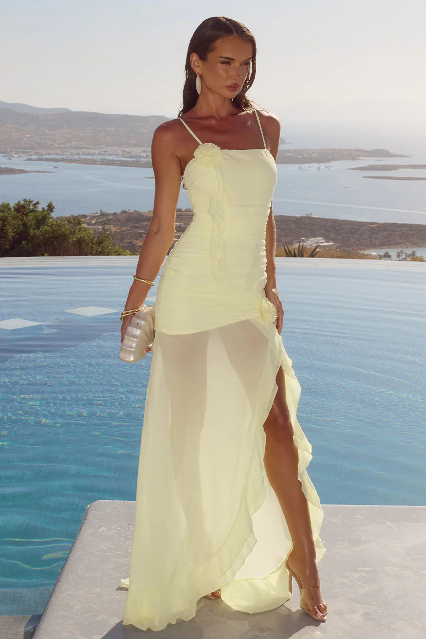 RELEASE TBA - Eziya Ruched Frill Trim Maxi Dress - Lemon