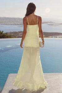 RELEASE TBA - Eziya Ruched Frill Trim Maxi Dress - Lemon