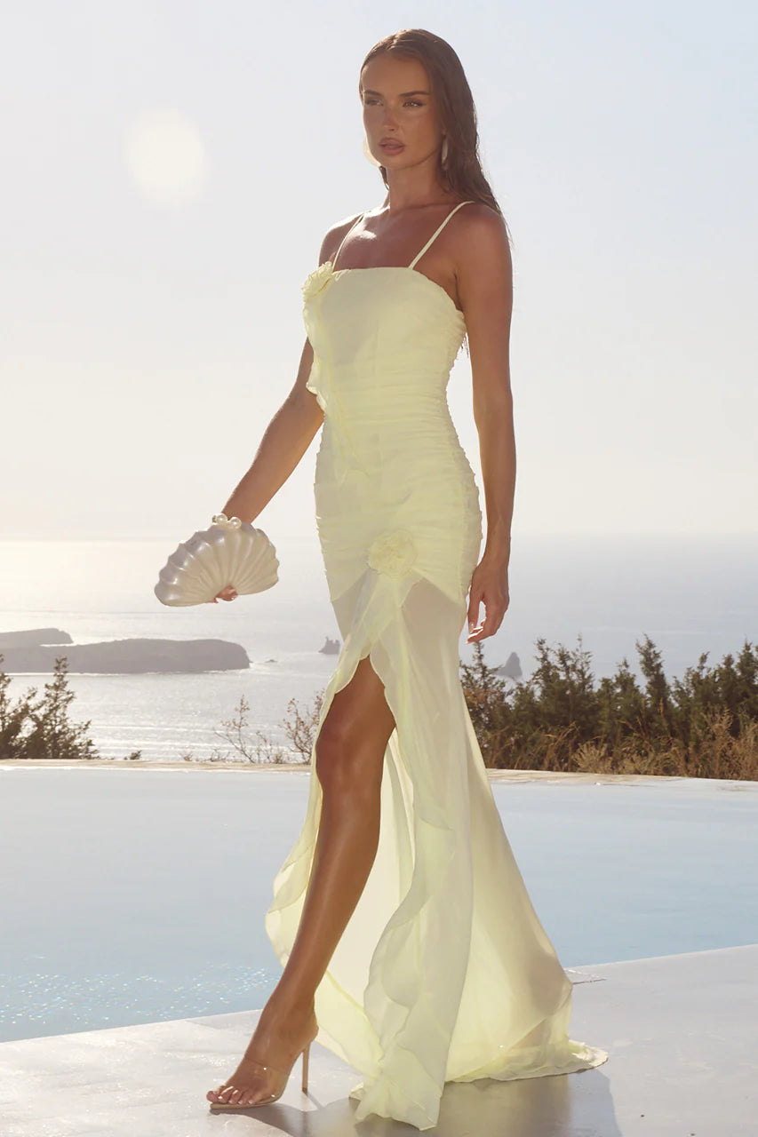 RELEASE TBA - Eziya Ruched Frill Trim Maxi Dress - Lemon
