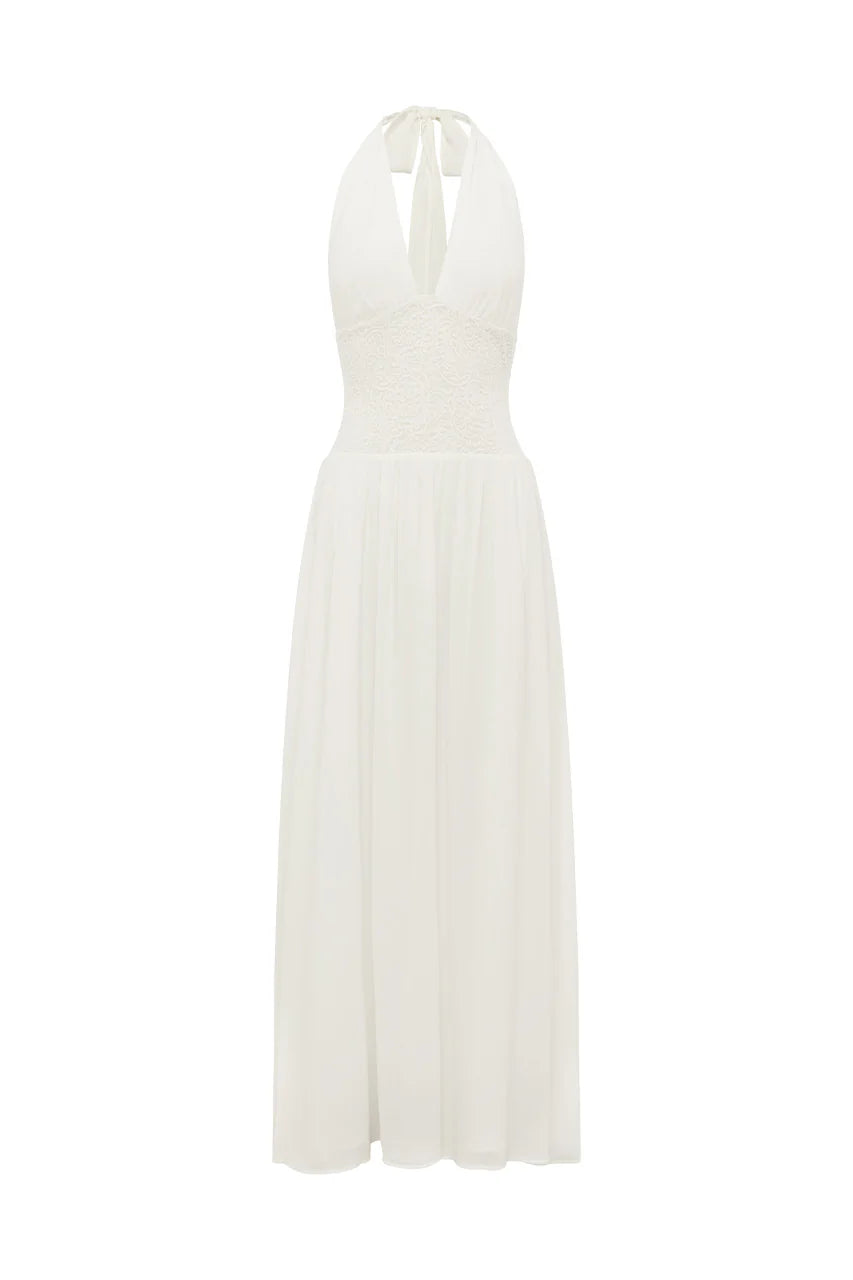 Fernanda Plunge Halter Maxi Dress - White