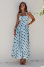 Load image into Gallery viewer, Sammi Halter Midi Dress - Sky Blue/Choc Polka
