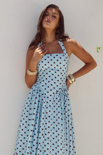 Load image into Gallery viewer, Sammi Halter Midi Dress - Sky Blue/Choc Polka
