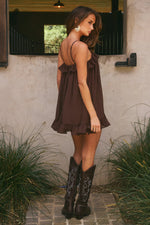 Load image into Gallery viewer, Kristia Flounce Ruffle Mini Dress - Bitter Chocolate
