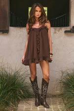 Load image into Gallery viewer, Kristia Flounce Ruffle Mini Dress - Bitter Chocolate
