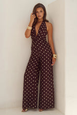 Load image into Gallery viewer, Arlette Halter Jumpsuit - Choc/Lemon Polka
