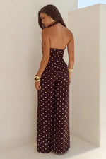 Load image into Gallery viewer, Arlette Halter Jumpsuit - Choc/Lemon Polka
