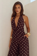 Load image into Gallery viewer, Arlette Halter Jumpsuit - Choc/Lemon Polka
