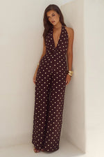 Load image into Gallery viewer, Arlette Halter Jumpsuit - Choc/Lemon Polka
