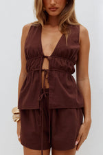 Load image into Gallery viewer, Tilka Gathered Tie Front Top - Chocolate
