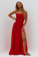 Load image into Gallery viewer, Lanie Strapless Shirred Midi Dress - Red
