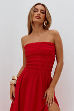 Load image into Gallery viewer, Lanie Strapless Shirred Midi Dress - Red
