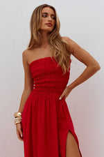 Load image into Gallery viewer, Lanie Strapless Shirred Midi Dress - Red
