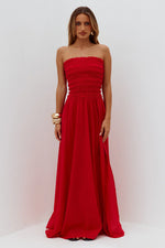 Load image into Gallery viewer, Lanie Strapless Shirred Midi Dress - Red
