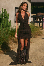 Load image into Gallery viewer, Annelise V-Neck Ruffle Maxi Dress - Bitter Chocolate
