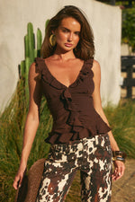Load image into Gallery viewer, Alexina Sleeveless Ruffle Top - Bitter Chocolate
