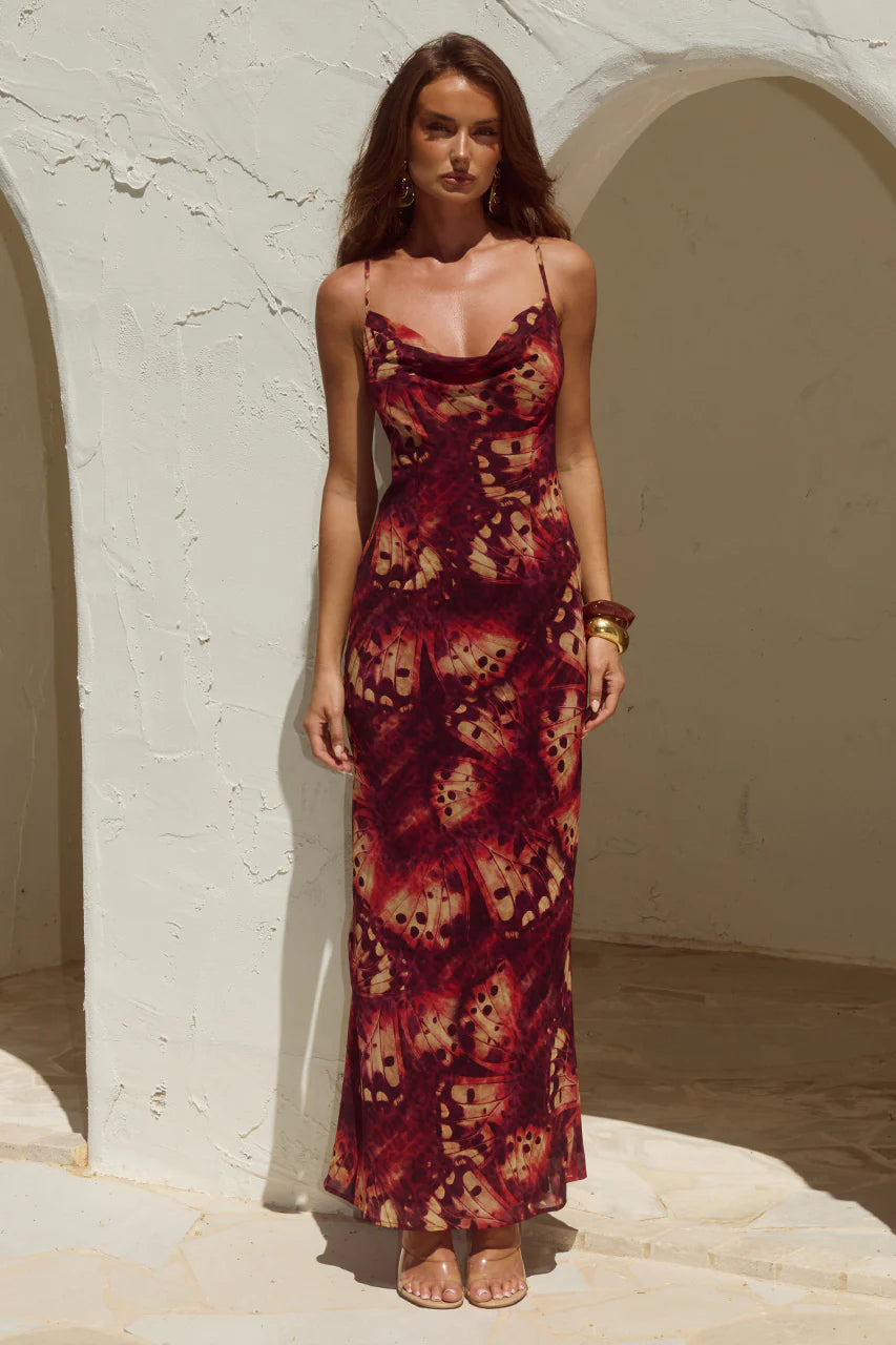 Benito Cowl Cross Back Maxi Dress - Eliana Red