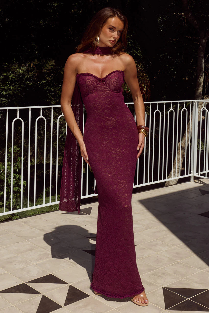 Amana Strapless Scarf Maxi Dress - Wine