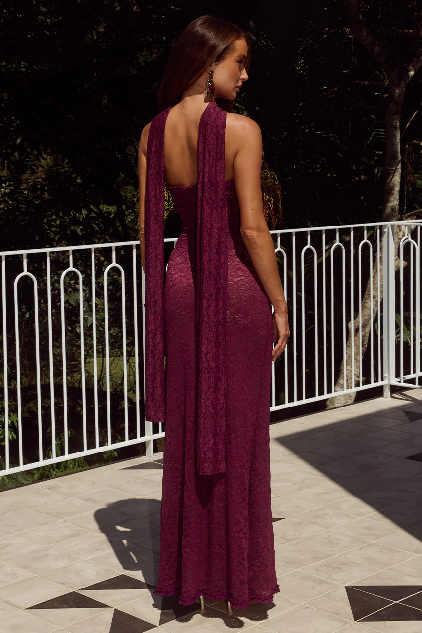 Amana Strapless Scarf Maxi Dress - Wine