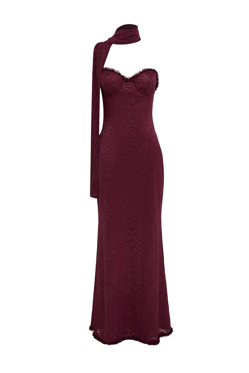 Amana Strapless Scarf Maxi Dress - Wine