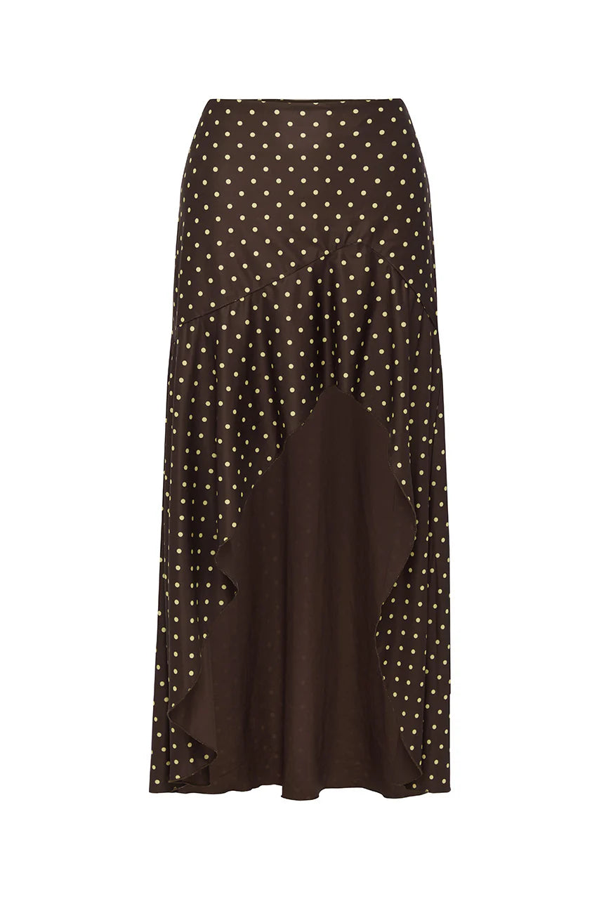 Melody Flounce Midi Skirt - Choc/Lemon Polka