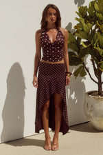 Load image into Gallery viewer, Melody Halter Cowl Top - Choc/Lemon Polka
