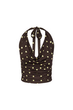 Load image into Gallery viewer, Melody Halter Cowl Top - Choc/Lemon Polka
