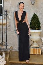 Load image into Gallery viewer, Aralia Plunge Cowl Back Maxi Dress - Black
