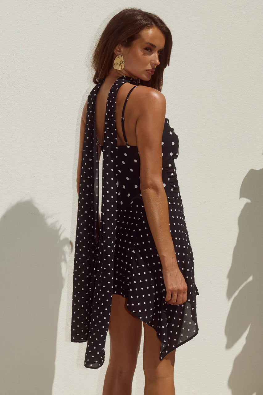 Alora Scoop Neck Mini Dress - Blacke/White Polka
