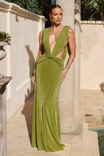 Load image into Gallery viewer, Aralia Plunge Cowl Back Maxi Dress - Palm
