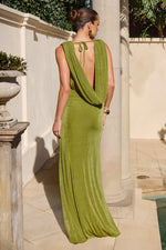 Load image into Gallery viewer, Aralia Plunge Cowl Back Maxi Dress - Palm

