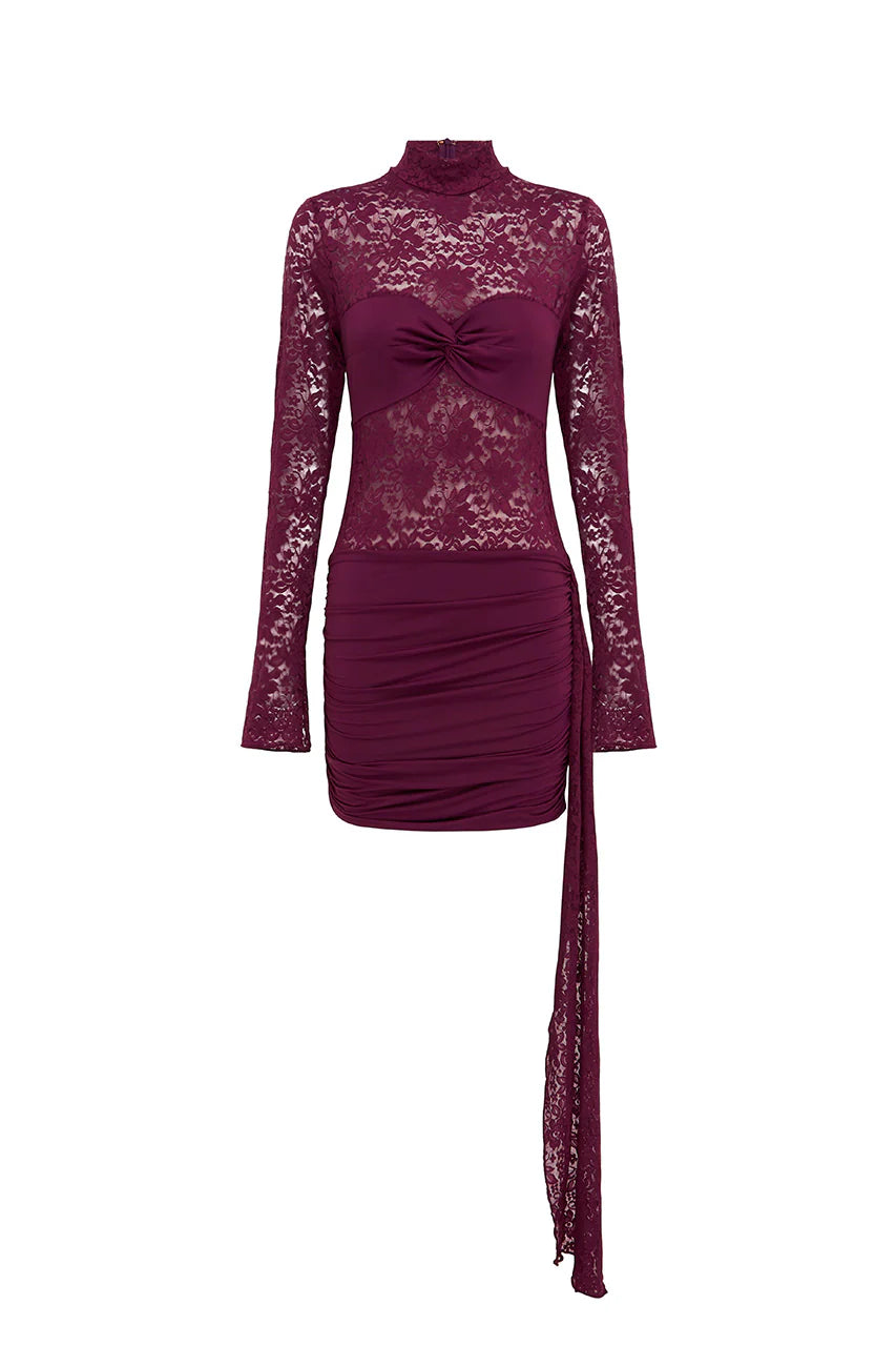 Larna Laced Sleeved Mini Dress - Wine