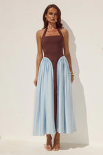 Load image into Gallery viewer, Sammi Halter Midi Dress - Chocolate/Sky Blue
