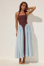 Load image into Gallery viewer, Sammi Halter Midi Dress - Chocolate/Sky Blue
