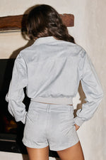 Load image into Gallery viewer, Harpa Suede Bomber Jacket - Baby Blue
