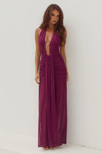 Load image into Gallery viewer, Adrianna Plunge Ruched Maxi Dress - Plum
