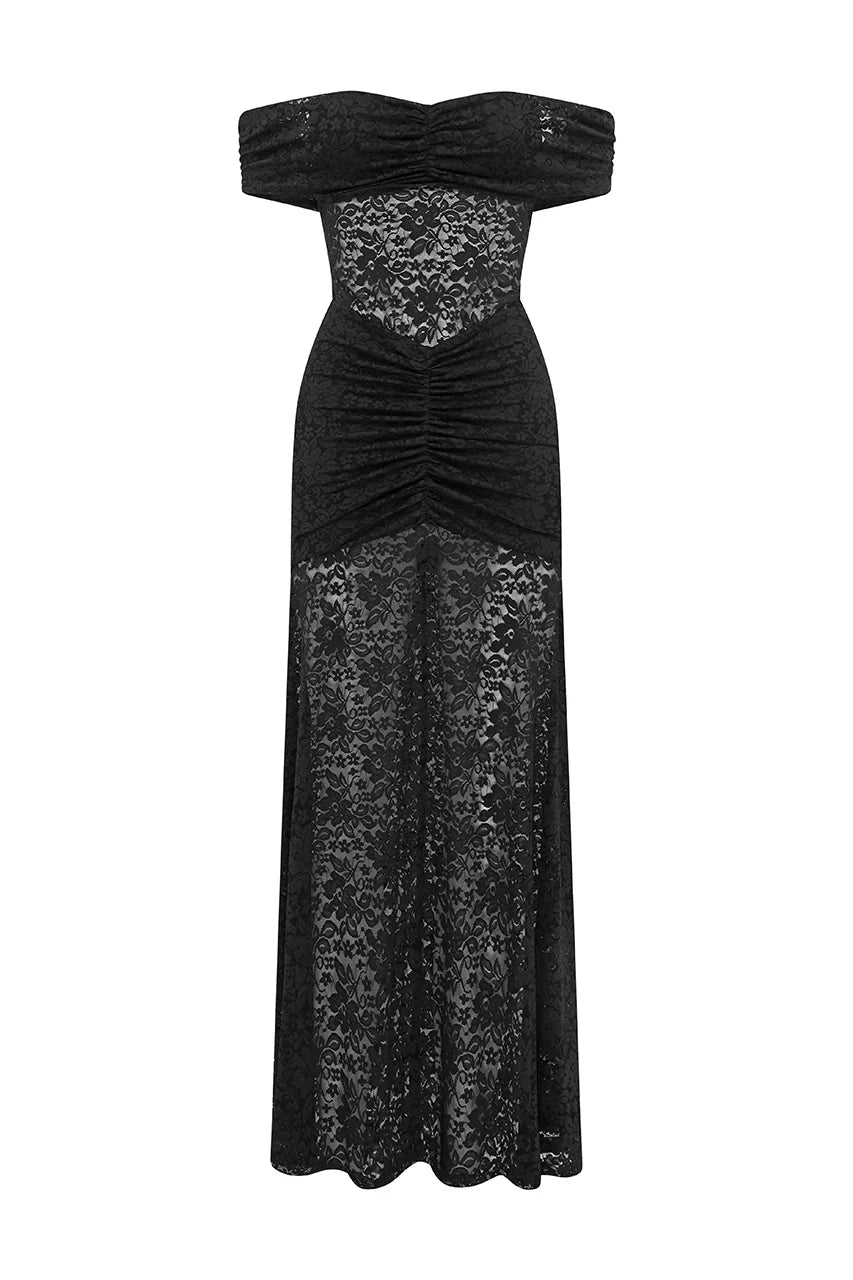 Vaneya Off Shoulder Lace Maxi Dress - Black