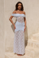 Load image into Gallery viewer, Vaneya Off Shoulder Lace Maxi Dress - Bluebell
