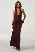 Load image into Gallery viewer, Arina Halter V-Neck Maxi Dress - Espresso
