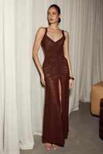 Load image into Gallery viewer, Silene Front Split Lace Maxi Dress - Chocolate
