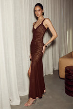 Load image into Gallery viewer, Silene Front Split Lace Maxi Dress - Chocolate
